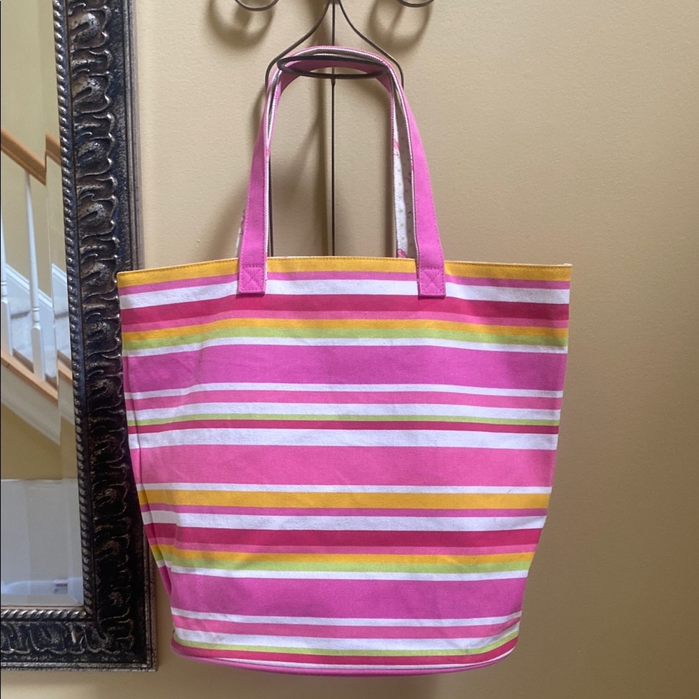 Women's large Striped Pink with Swans Tote shoulder canvas Bag